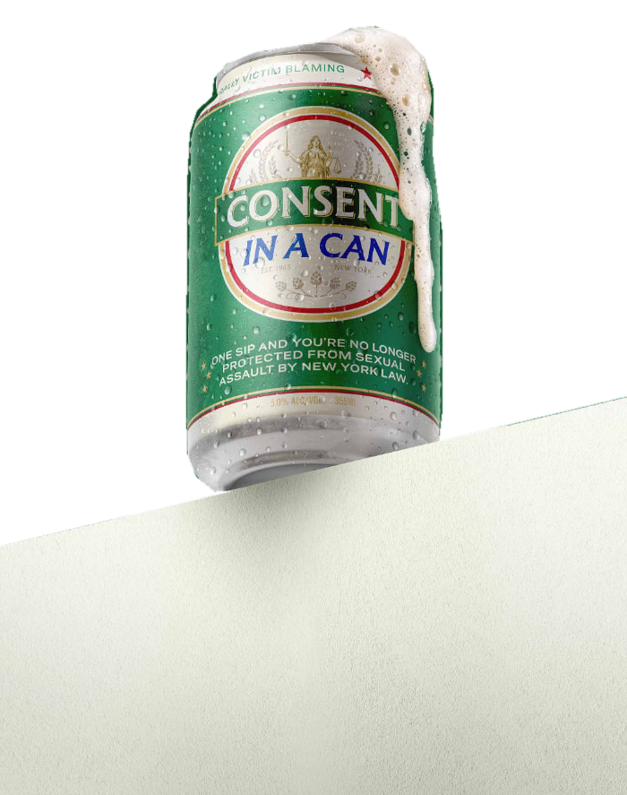 A green beer can labeled 'Consent in a Can' overflowing with foam