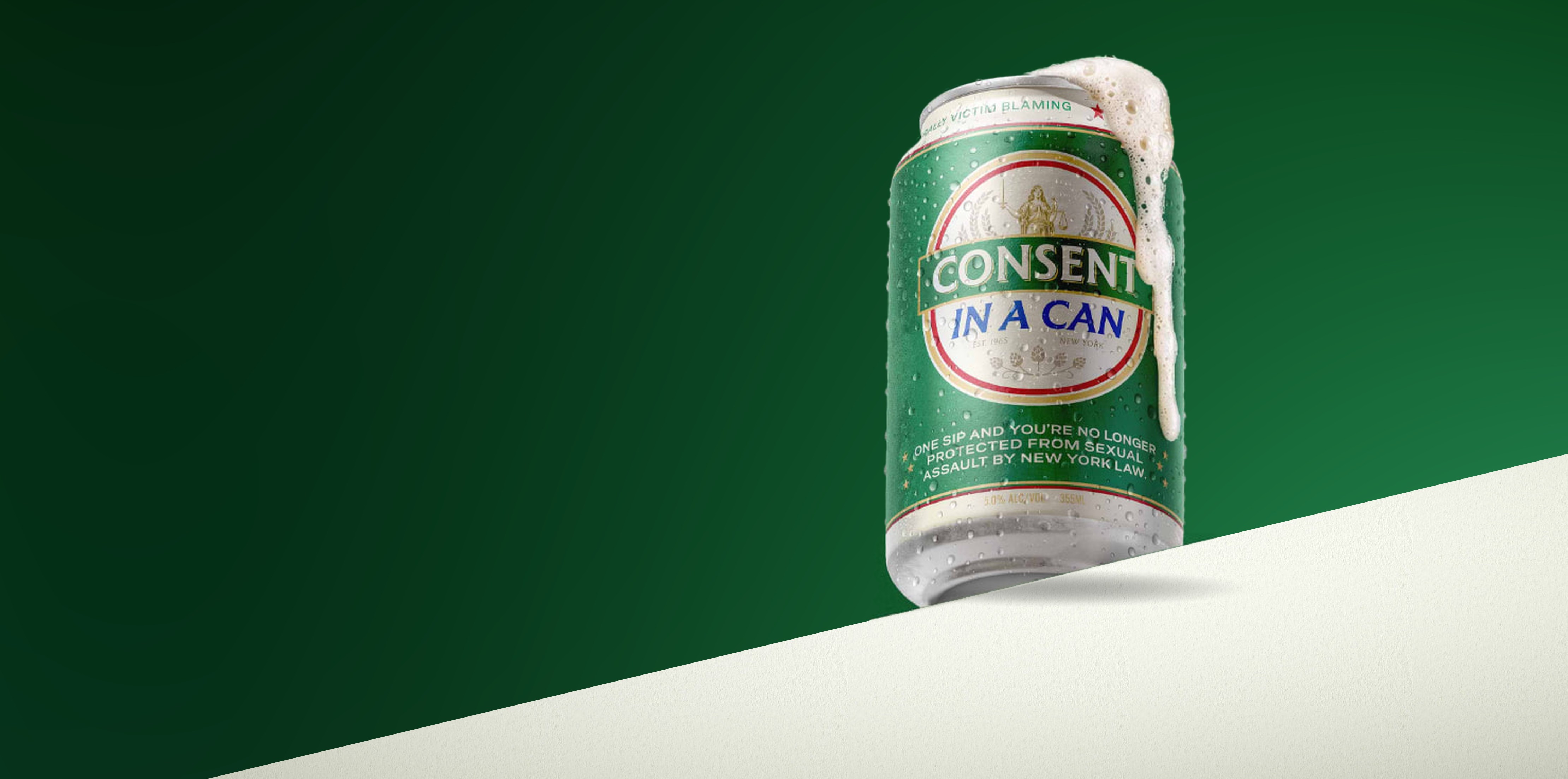 A green beer can labeled 'Consent in a Can' overflowing with foam